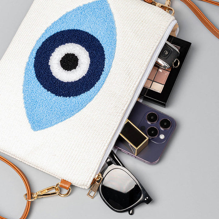 Bolso bandolera de lona de Hamsa con hojas del ojo malo y piedras de Buda