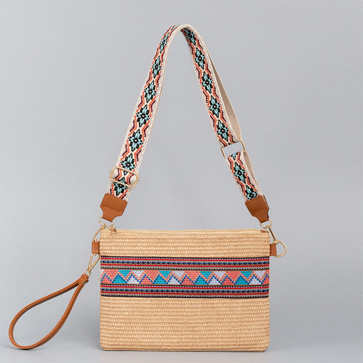 Bolso cruzado de paja tejido geométrico colorido boho con piedras Buda