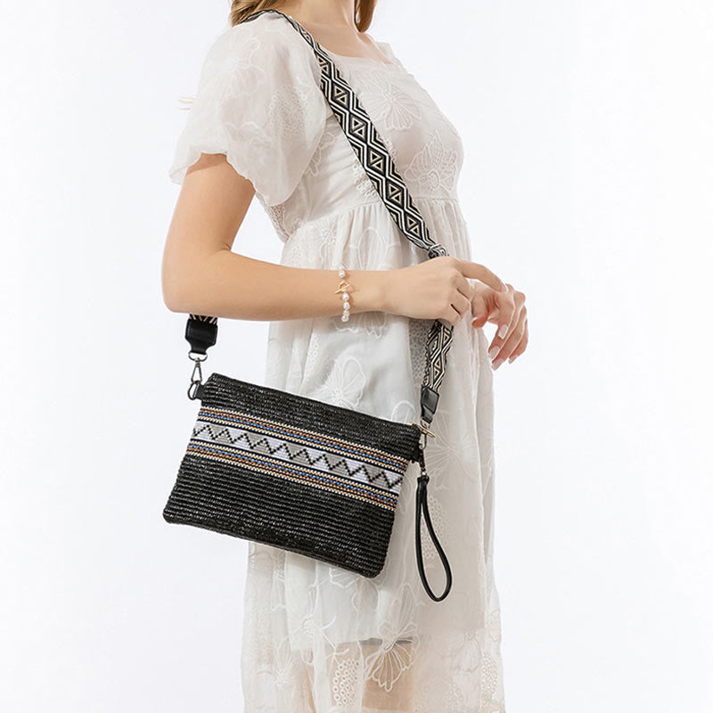 Bolso cruzado de paja tejido geométrico colorido boho con piedras Buda