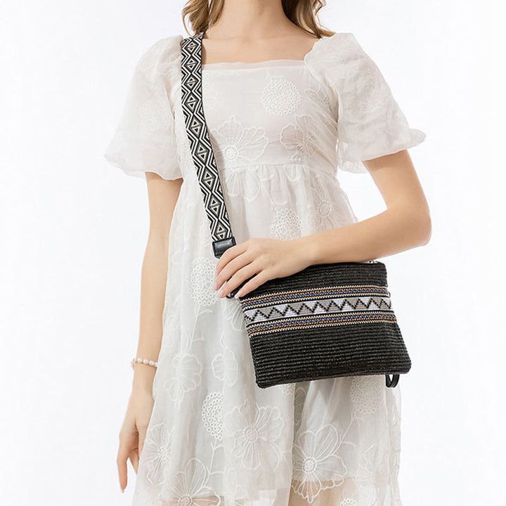 Bolso cruzado de paja tejido geométrico colorido boho con piedras Buda