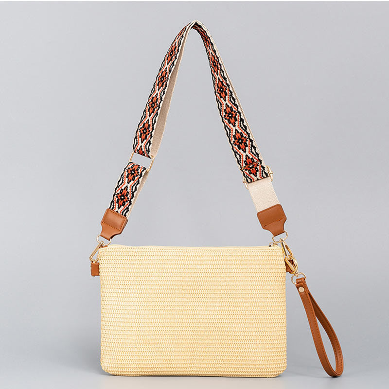 Bolso cruzado de paja tejido geométrico colorido boho con piedras Buda