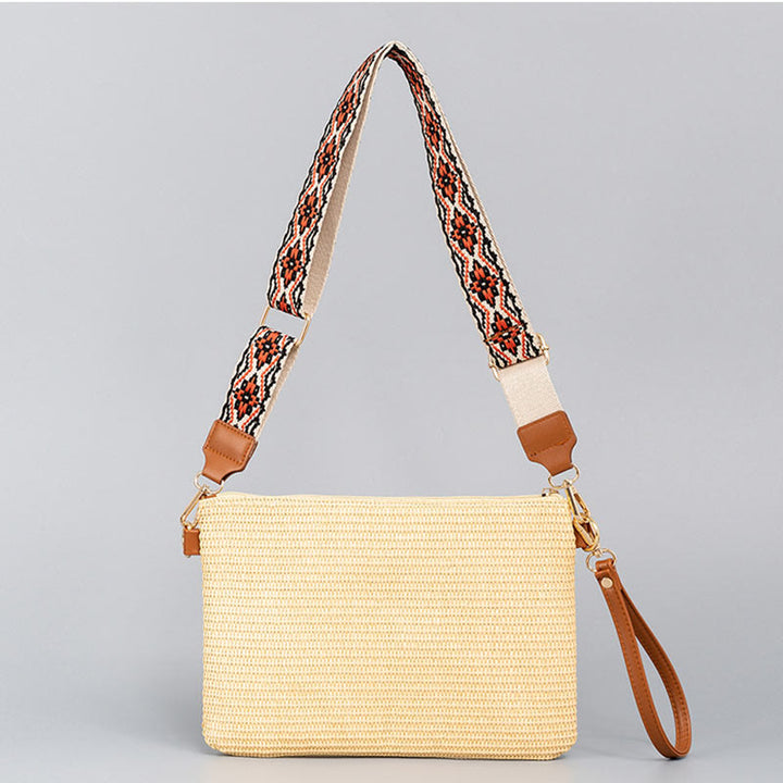 Bolso cruzado de paja tejido geométrico colorido boho con piedras Buda