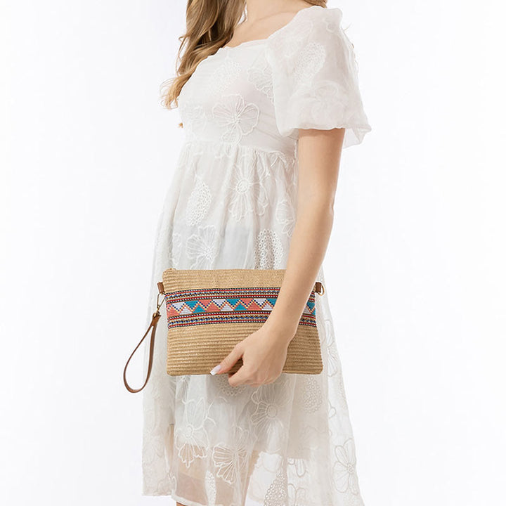 Bolso cruzado de paja tejido geométrico colorido boho con piedras Buda