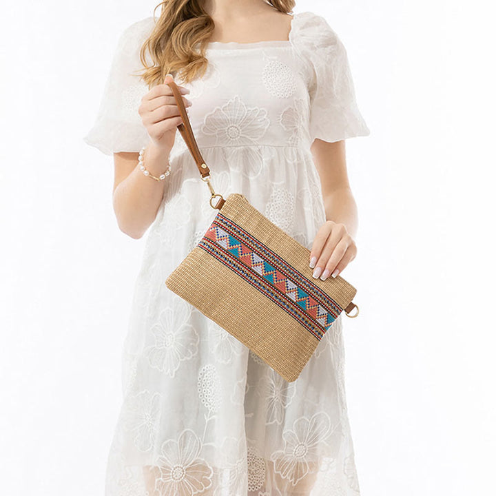 Bolso cruzado de paja tejido geométrico colorido boho con piedras Buda