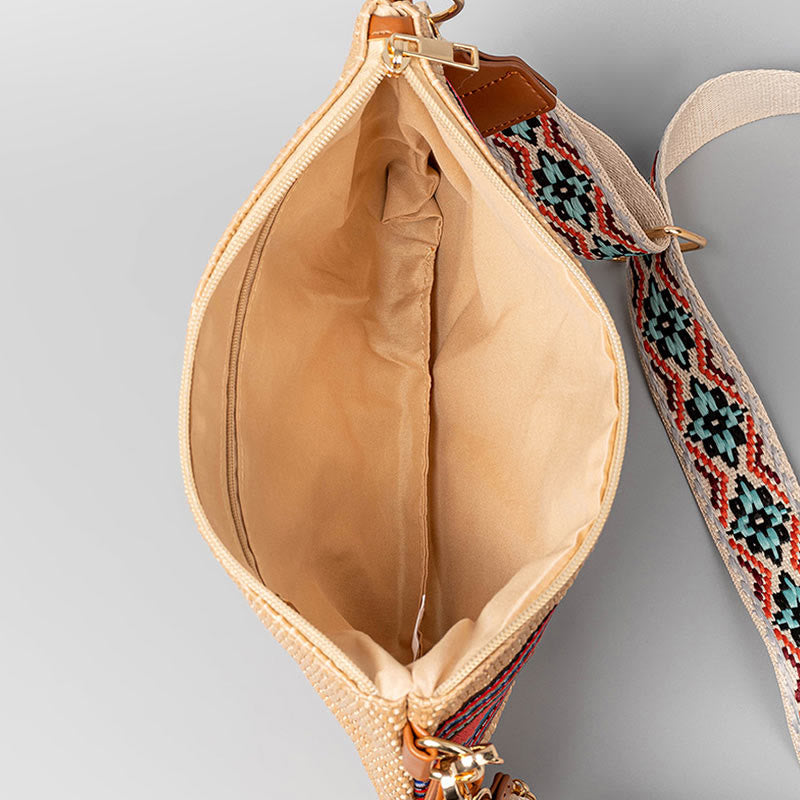 Bolso cruzado de paja tejido geométrico colorido boho con piedras Buda