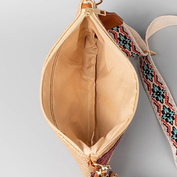 Bolso cruzado de paja tejido geométrico colorido boho con piedras Buda