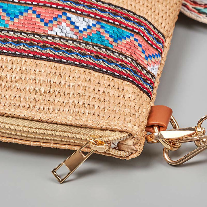 Bolso cruzado de paja tejido geométrico colorido boho con piedras Buda