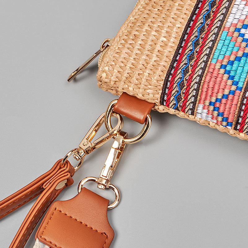 Bolso cruzado de paja tejido geométrico colorido boho con piedras Buda