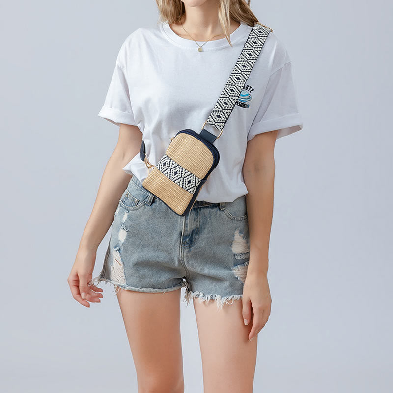 Bolso bandolera de paja tejido con geometría pequeña de piedras de Buda