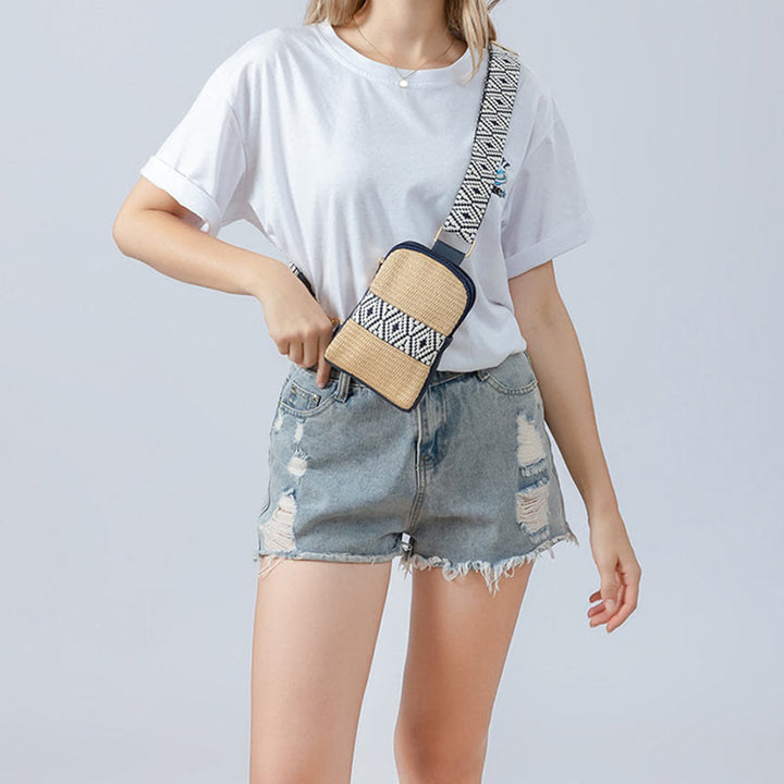 Bolso bandolera de paja tejido con geometría pequeña de piedras de Buda