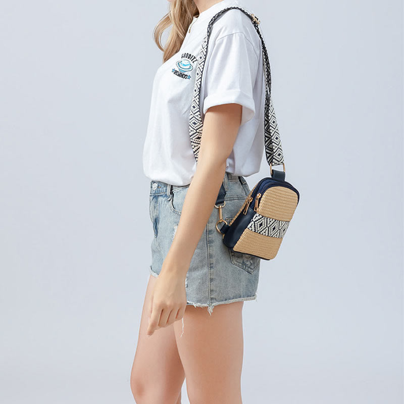Bolso bandolera de paja tejido con geometría pequeña de piedras de Buda
