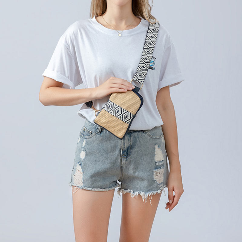 Bolso bandolera de paja tejido con geometría pequeña de piedras de Buda