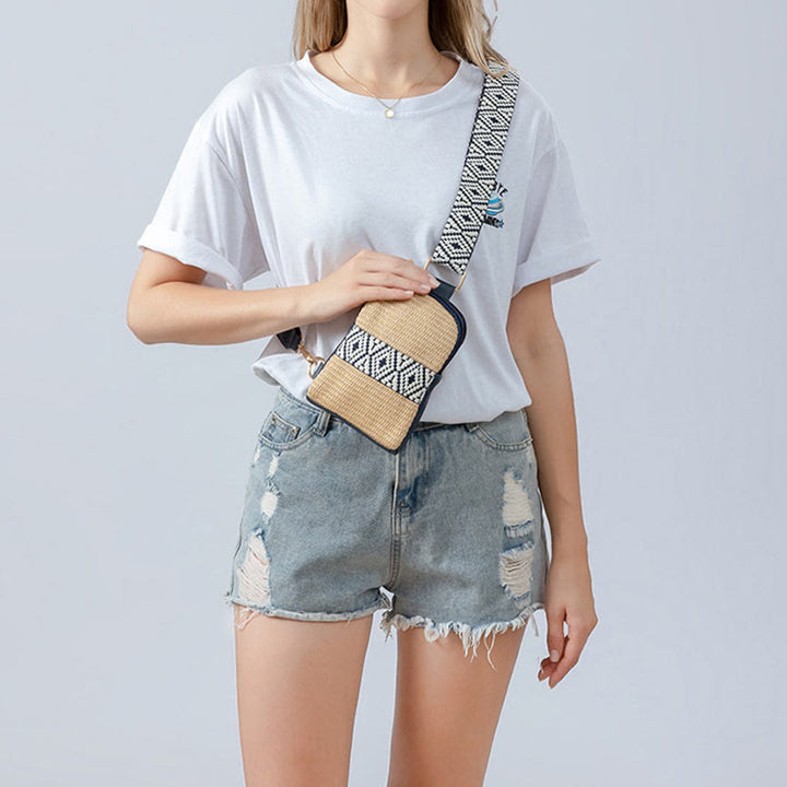 Bolso bandolera de paja tejido con geometría pequeña de piedras de Buda