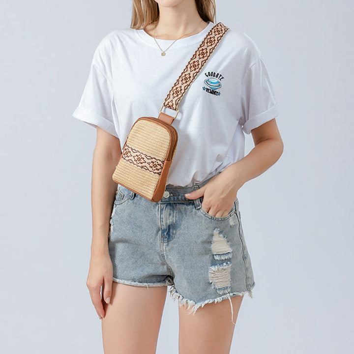 Bolso bandolera de paja tejido con geometría pequeña de piedras de Buda