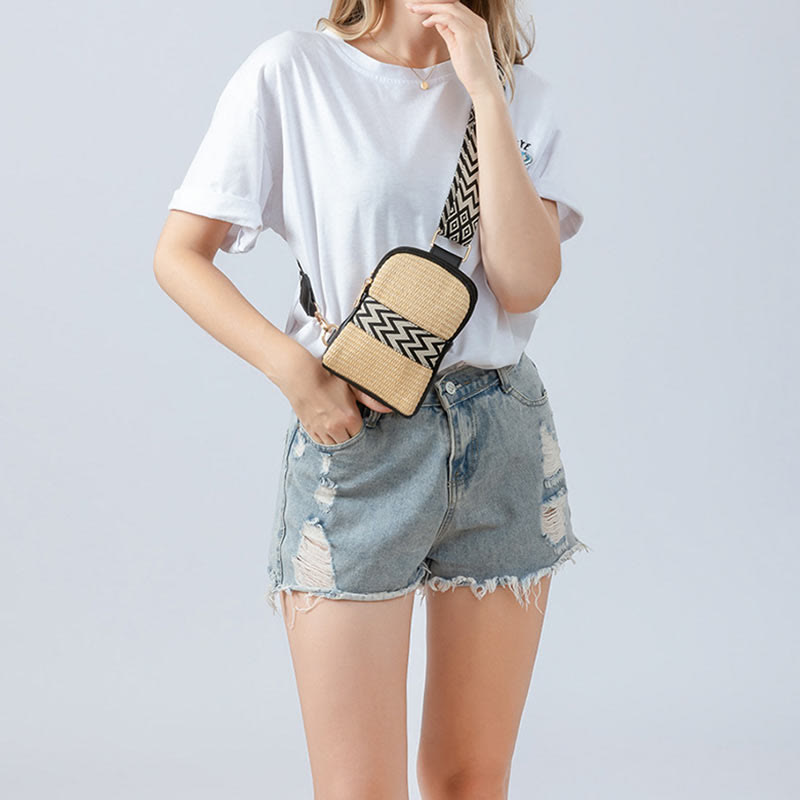 Bolso bandolera de paja tejido con geometría pequeña de piedras de Buda