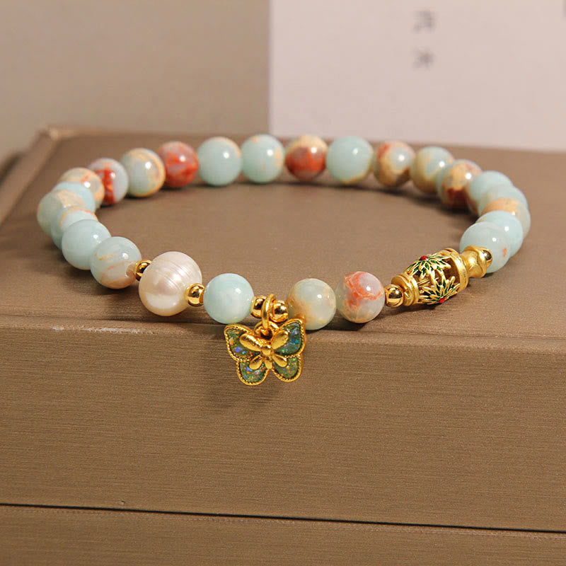 Pulsera de Riqueza con Piedras de Buda, Piedra de Shoushan, Perla, y Mariposa