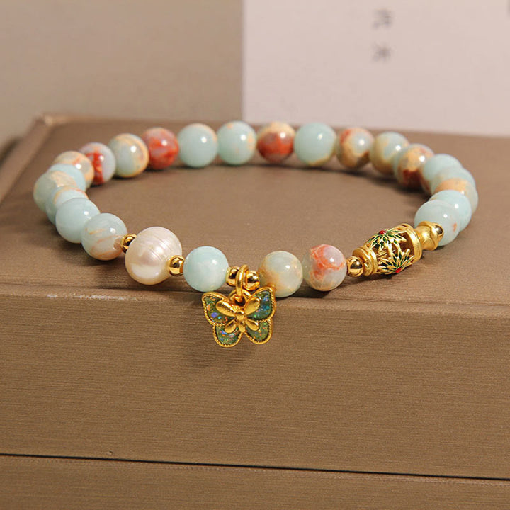 Pulsera de Riqueza con Piedras de Buda, Piedra de Shoushan, Perla, y Mariposa