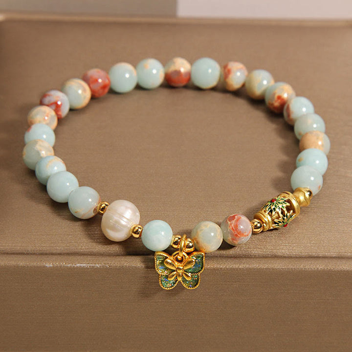 Pulsera de Riqueza con Piedras de Buda, Piedra de Shoushan, Perla, y Mariposa