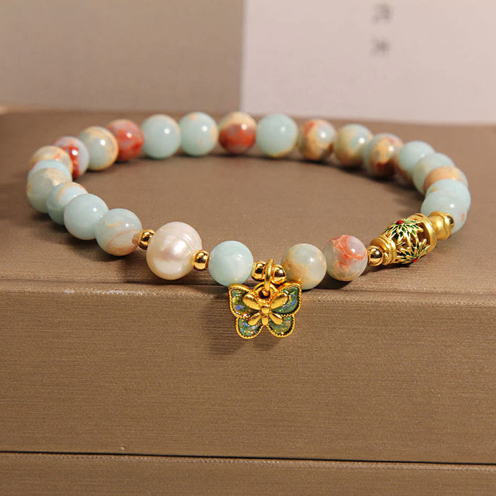 Pulsera de Riqueza con Piedras de Buda, Piedra de Shoushan, Perla, y Mariposa