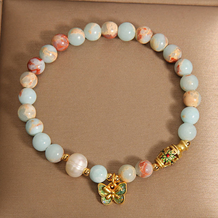 Pulsera de Riqueza con Piedras de Buda, Piedra de Shoushan, Perla, y Mariposa