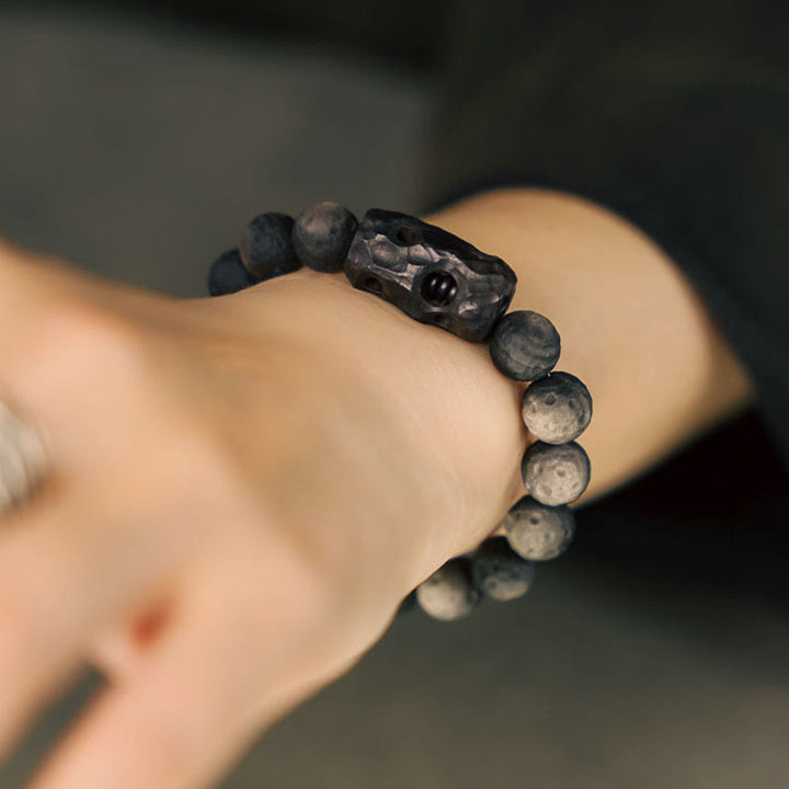 Pulseras de Piedras de Buda en Obsidiana Plateada y Madera de Ébano Calmante