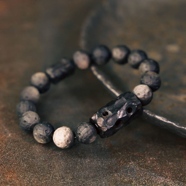 Pulseras de Piedras de Buda en Obsidiana Plateada y Madera de Ébano Calmante