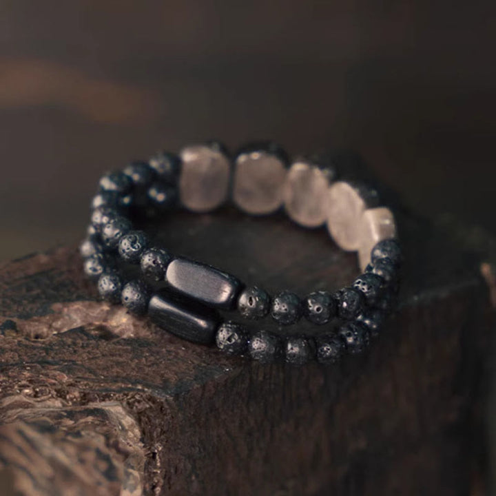 Pulsera de Comunicación de Piedras Naturales de Buda con Obsidiana Plateada y Roca de Lava