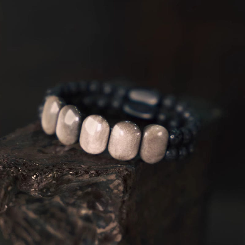 Pulsera de Comunicación de Piedras Naturales de Buda con Obsidiana Plateada y Roca de Lava