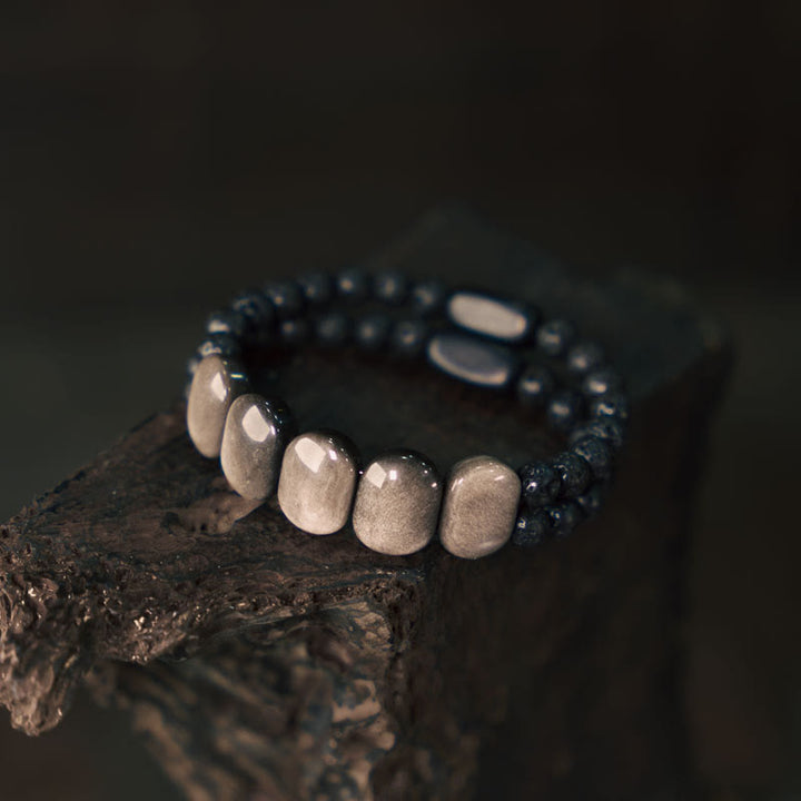 Pulsera de Comunicación de Piedras Naturales de Buda con Obsidiana Plateada y Roca de Lava
