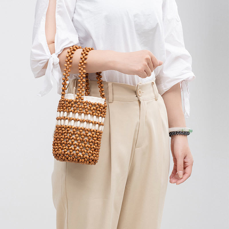 Bolso de cuentas de madera portátil tejido a mano de piedras de Buda