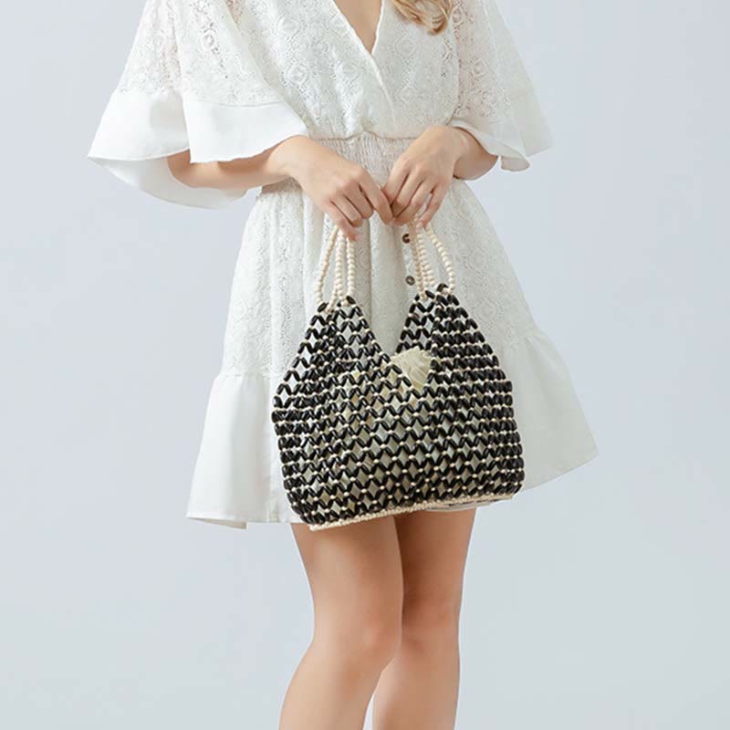 Bolso de hombro de cuentas de madera tejidas a mano con piedras de Buda