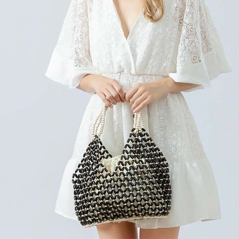 Bolso de hombro de cuentas de madera tejidas a mano con piedras de Buda