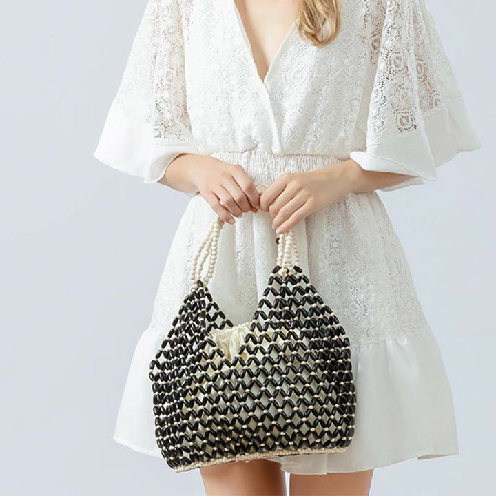 Bolso de hombro de cuentas de madera tejidas a mano con piedras de Buda