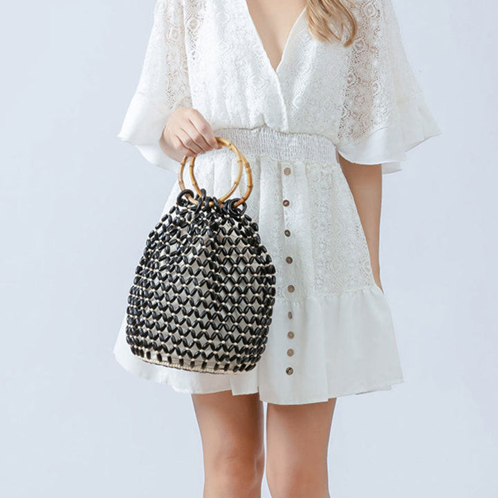 Bolso de hombro con asa de bambú, cuentas de madera tejidas a mano de piedras de Buda