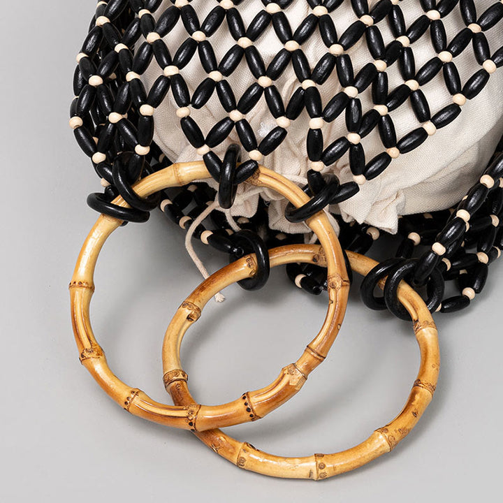 Bolso de hombro con asa de bambú, cuentas de madera tejidas a mano de piedras de Buda