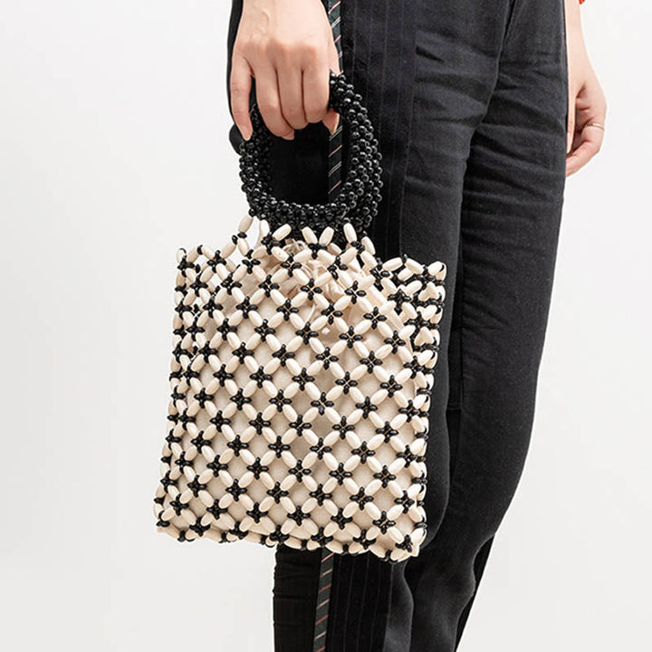 Bolso de Mano con Piedras de Buda, Cuentas de Madera Tejidas a Mano en Forma de Rombo