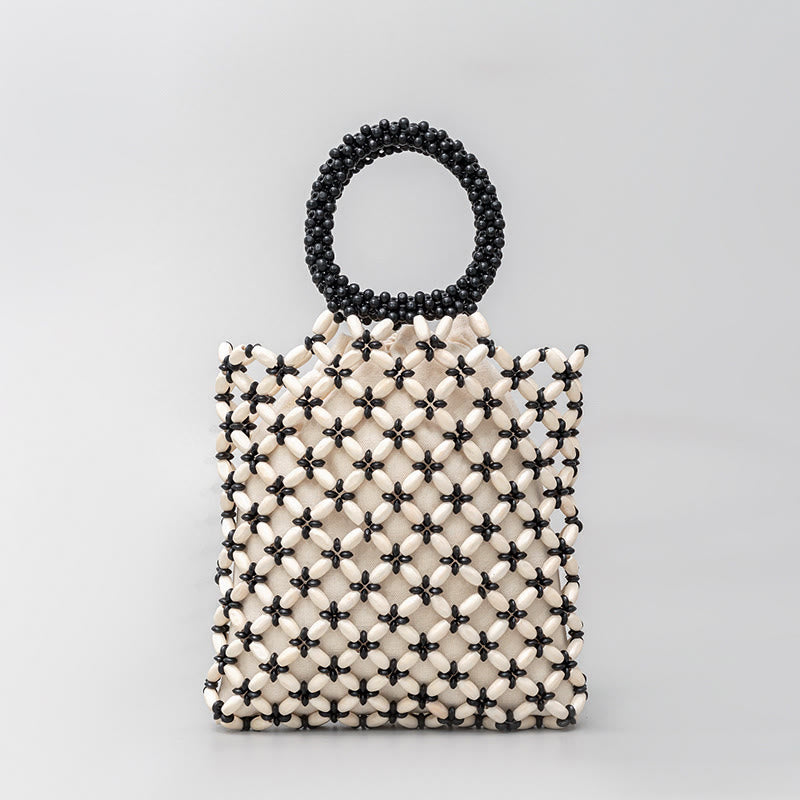 Bolso de Mano con Piedras de Buda, Cuentas de Madera Tejidas a Mano en Forma de Rombo