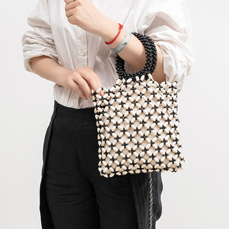 Bolso de Mano con Piedras de Buda, Cuentas de Madera Tejidas a Mano en Forma de Rombo