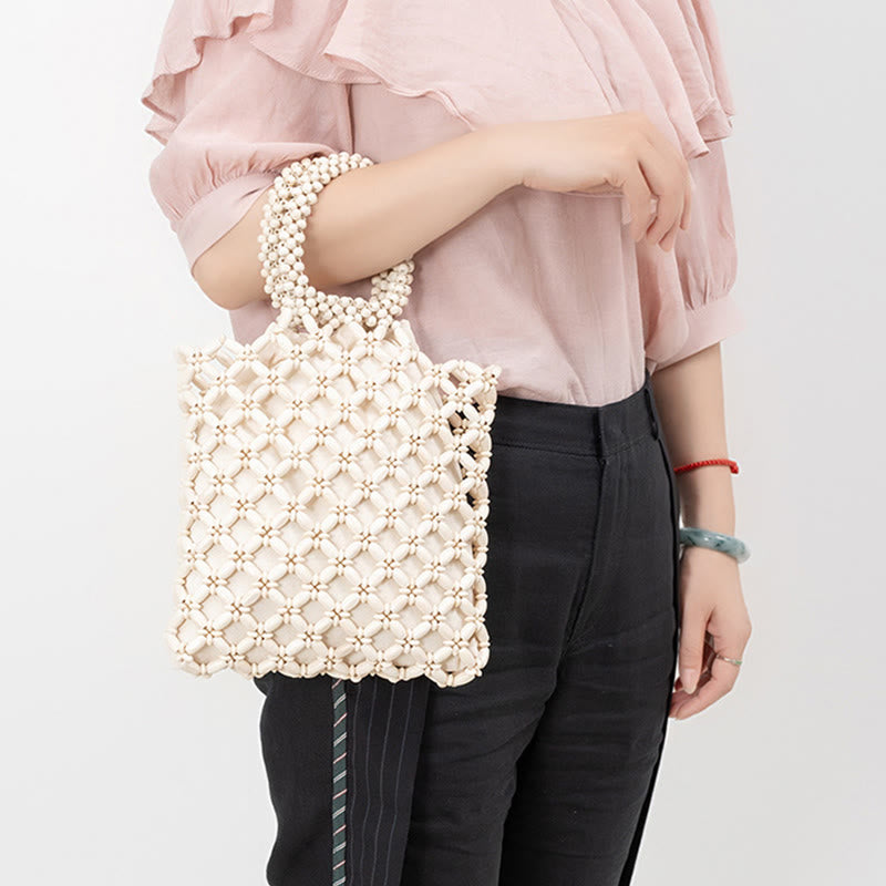 Bolso de Mano con Piedras de Buda, Cuentas de Madera Tejidas a Mano en Forma de Rombo