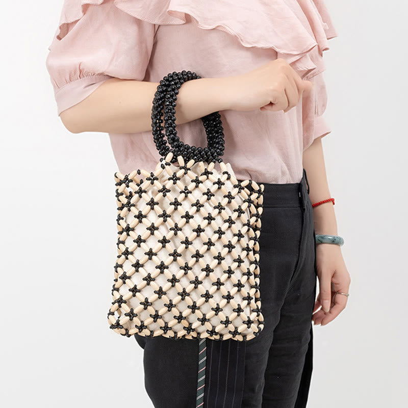 Bolso de Mano con Piedras de Buda, Cuentas de Madera Tejidas a Mano en Forma de Rombo