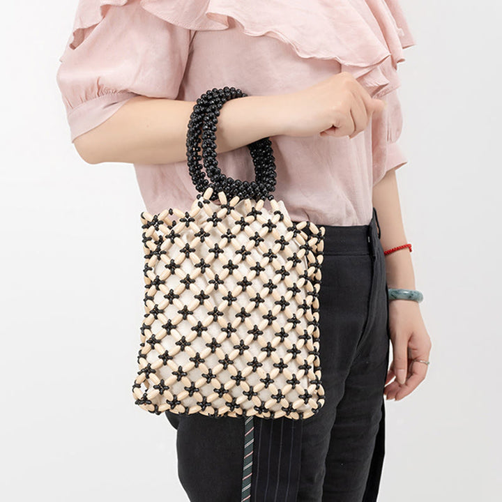 Bolso de Mano con Piedras de Buda, Cuentas de Madera Tejidas a Mano en Forma de Rombo