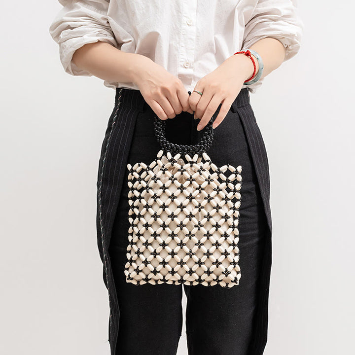 Bolso de Mano con Piedras de Buda, Cuentas de Madera Tejidas a Mano en Forma de Rombo