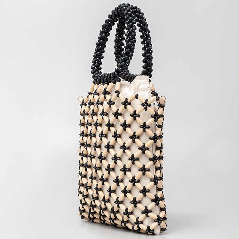 Bolso de Mano con Piedras de Buda, Cuentas de Madera Tejidas a Mano en Forma de Rombo