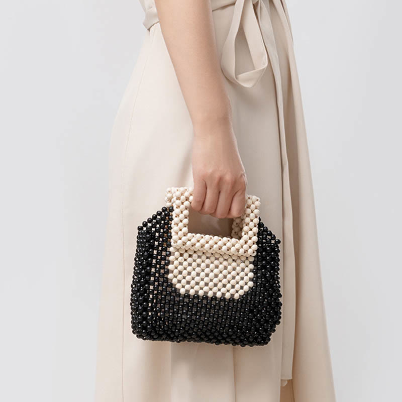 Bolso cuadrado tejido a mano con cuentas de madera y piedras de Buda