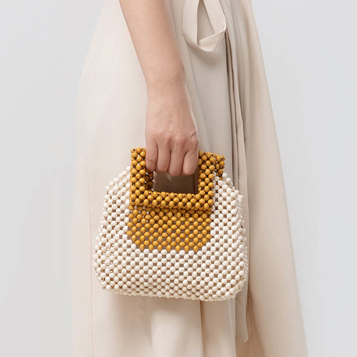 Bolso cuadrado tejido a mano con cuentas de madera y piedras de Buda