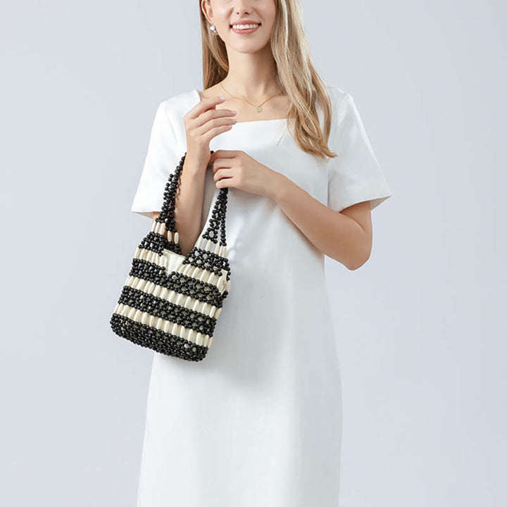 Bolso de hombro de cuentas de madera redondas hechas a mano con piedras de Buda