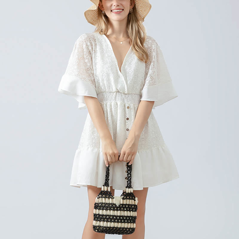 Bolso de hombro de cuentas de madera redondas hechas a mano con piedras de Buda