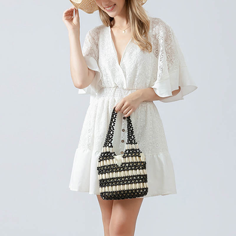 Bolso de hombro de cuentas de madera redondas hechas a mano con piedras de Buda