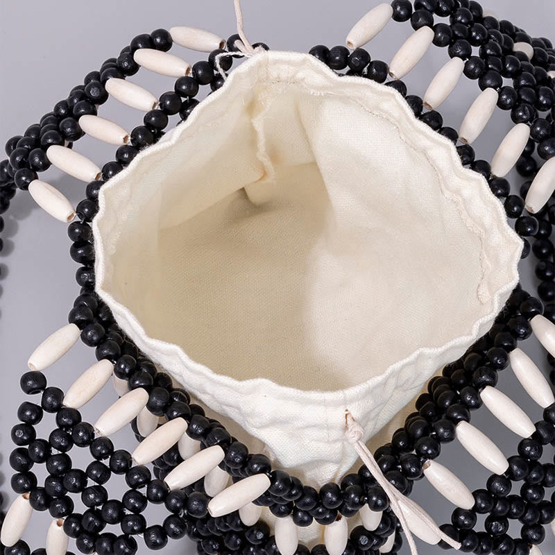 Bolso de hombro de cuentas de madera redondas hechas a mano con piedras de Buda