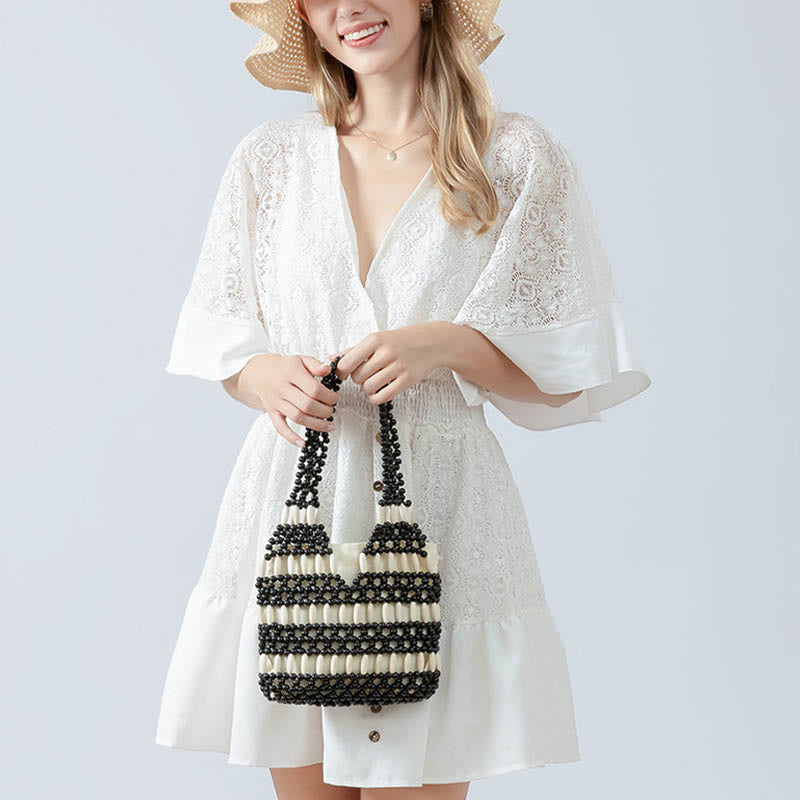 Bolso de hombro de cuentas de madera redondas hechas a mano con piedras de Buda